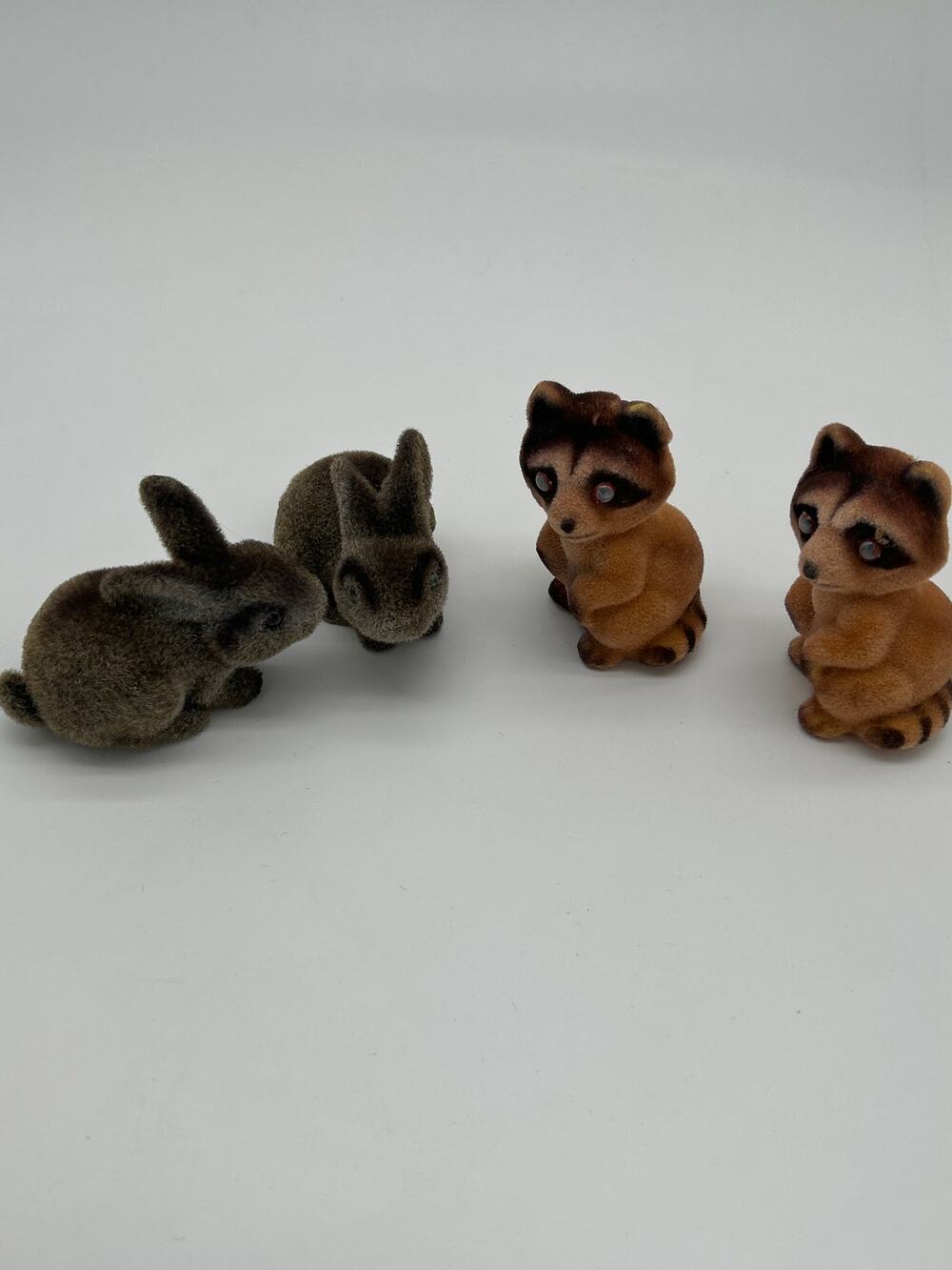 Vintage Flocked Animal Figurines Lot Raccoons & Rabbits Made in Hong Kong 1960s